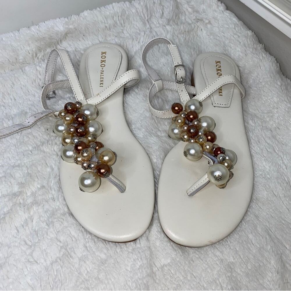 Koko & Palenki Boutique Brand White Pearl Beaded Summer Sandals Flats Size 6
